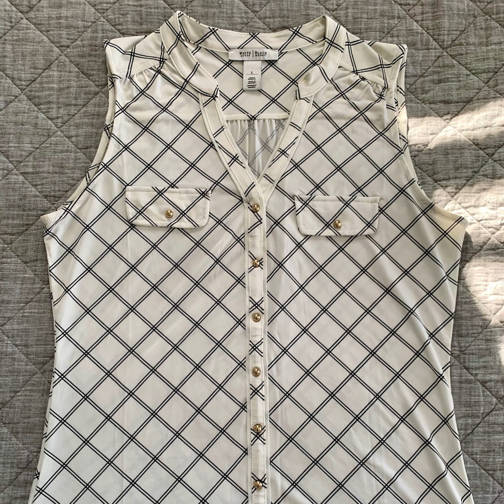 WHBM Black/White Windowpane Sleeveless Blouse